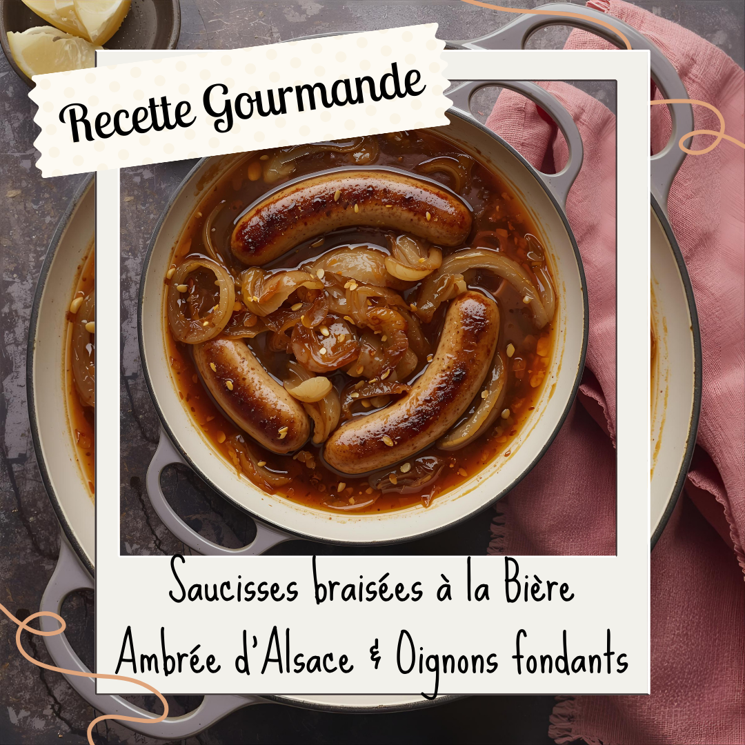 Saucisses braisées à la Bière Ambrée d’Alsace & Oignons fondants